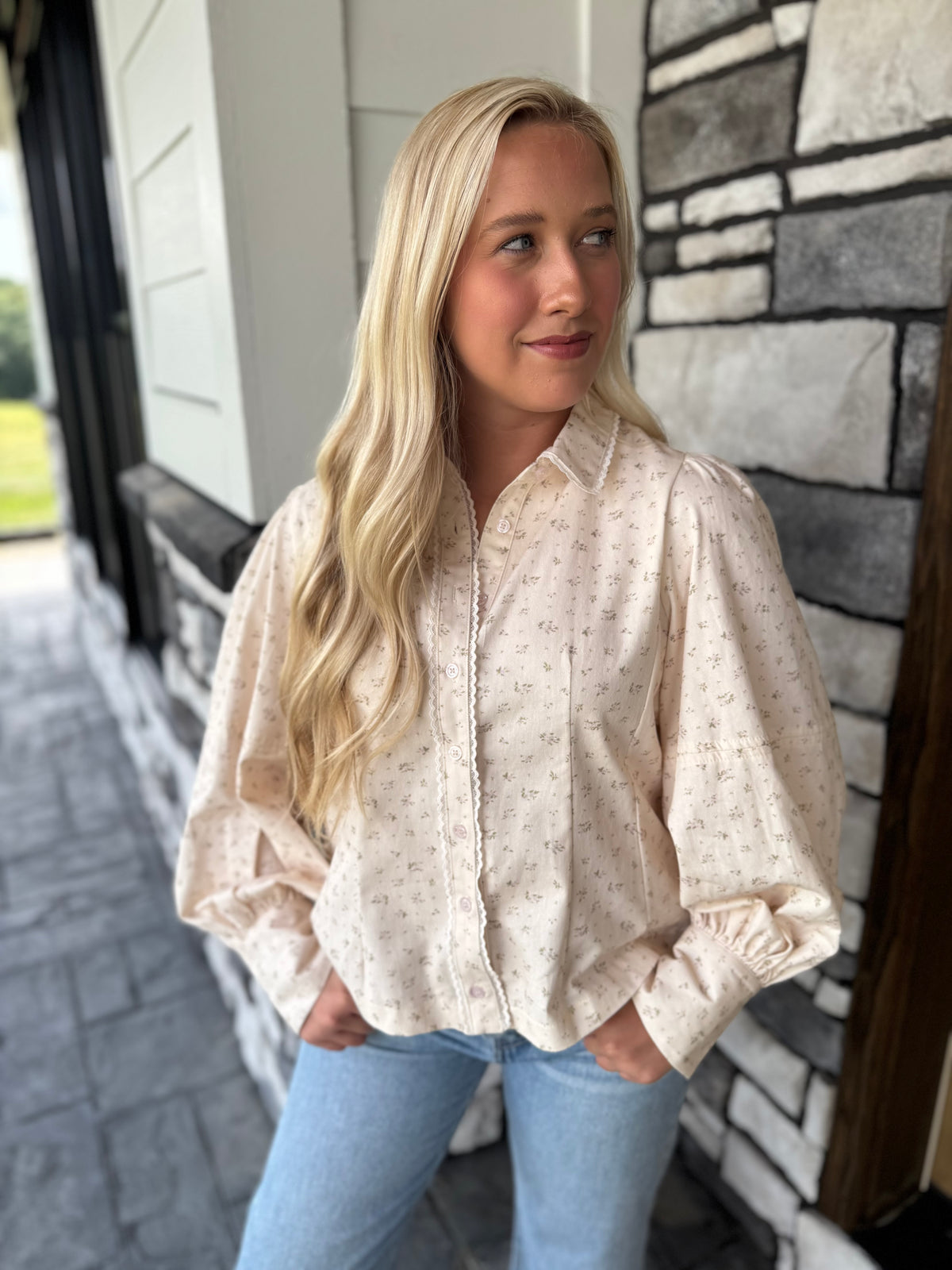 Sutton Ivory Floral Blouse W/ Lace Details