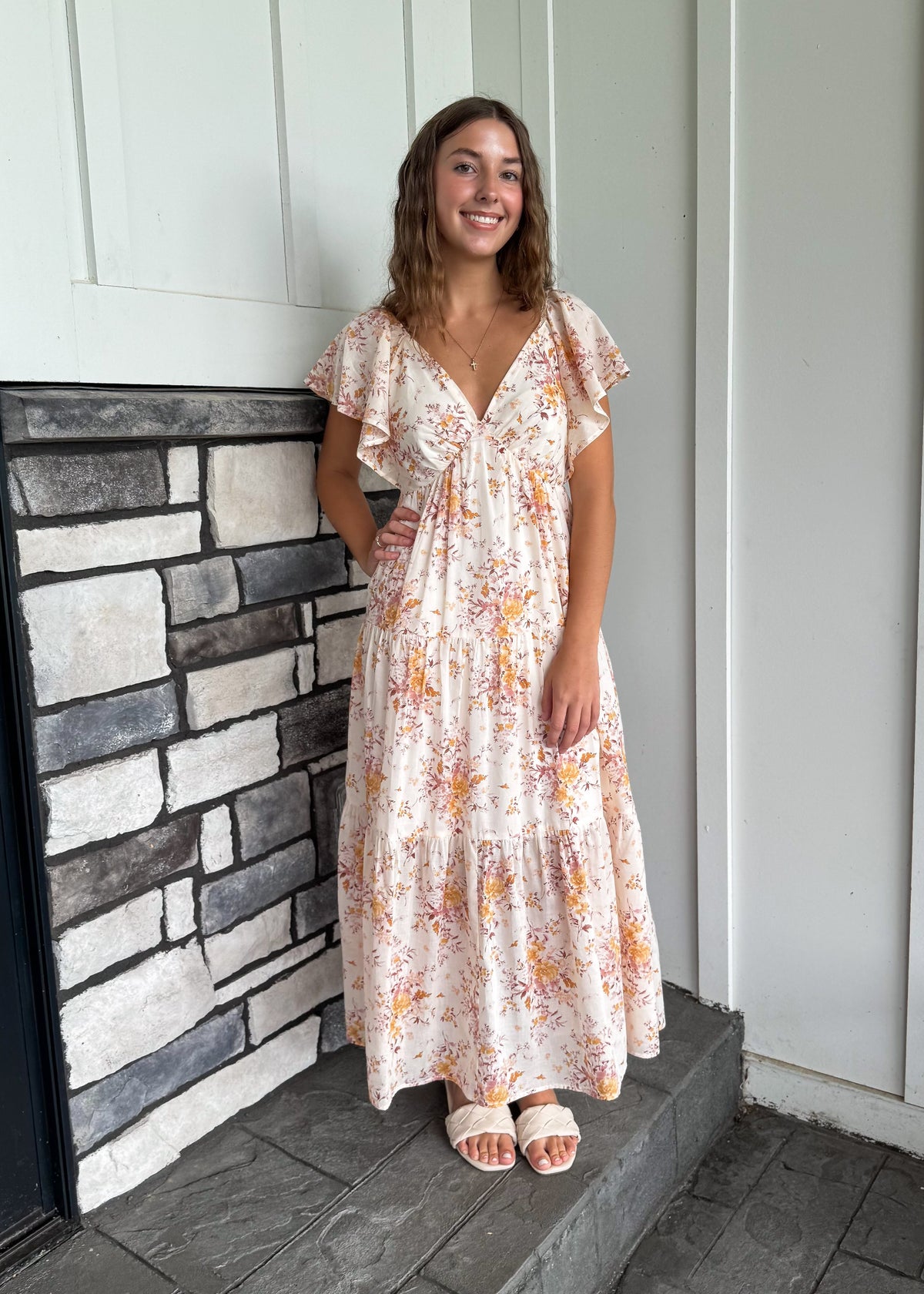 Jana Taupe Tiered Floral Print Dress W/ Ruffle Sleeves