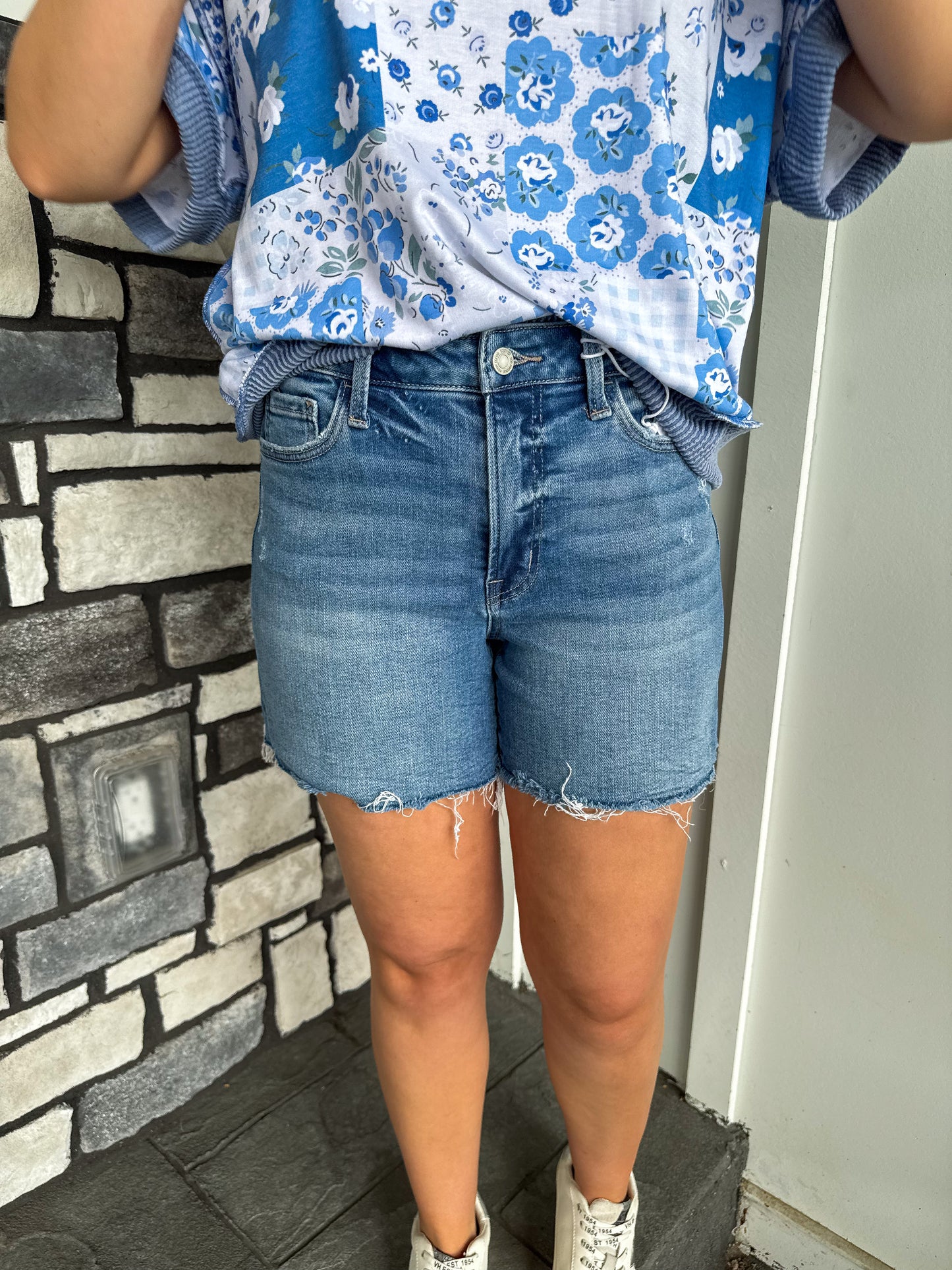 High Rise Raw Hem Denim Shorts