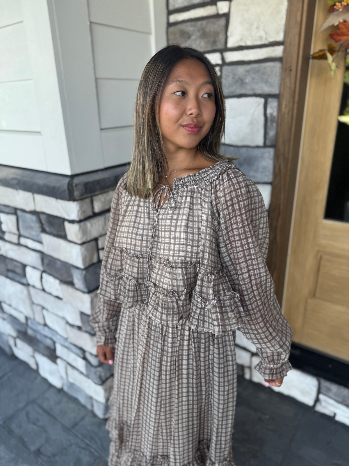 Lana Brown Plaid Smocked Neckline Top