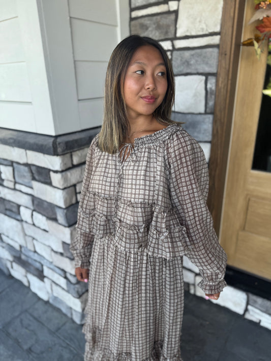 Lana Brown Plaid Smocked Neckline Top
