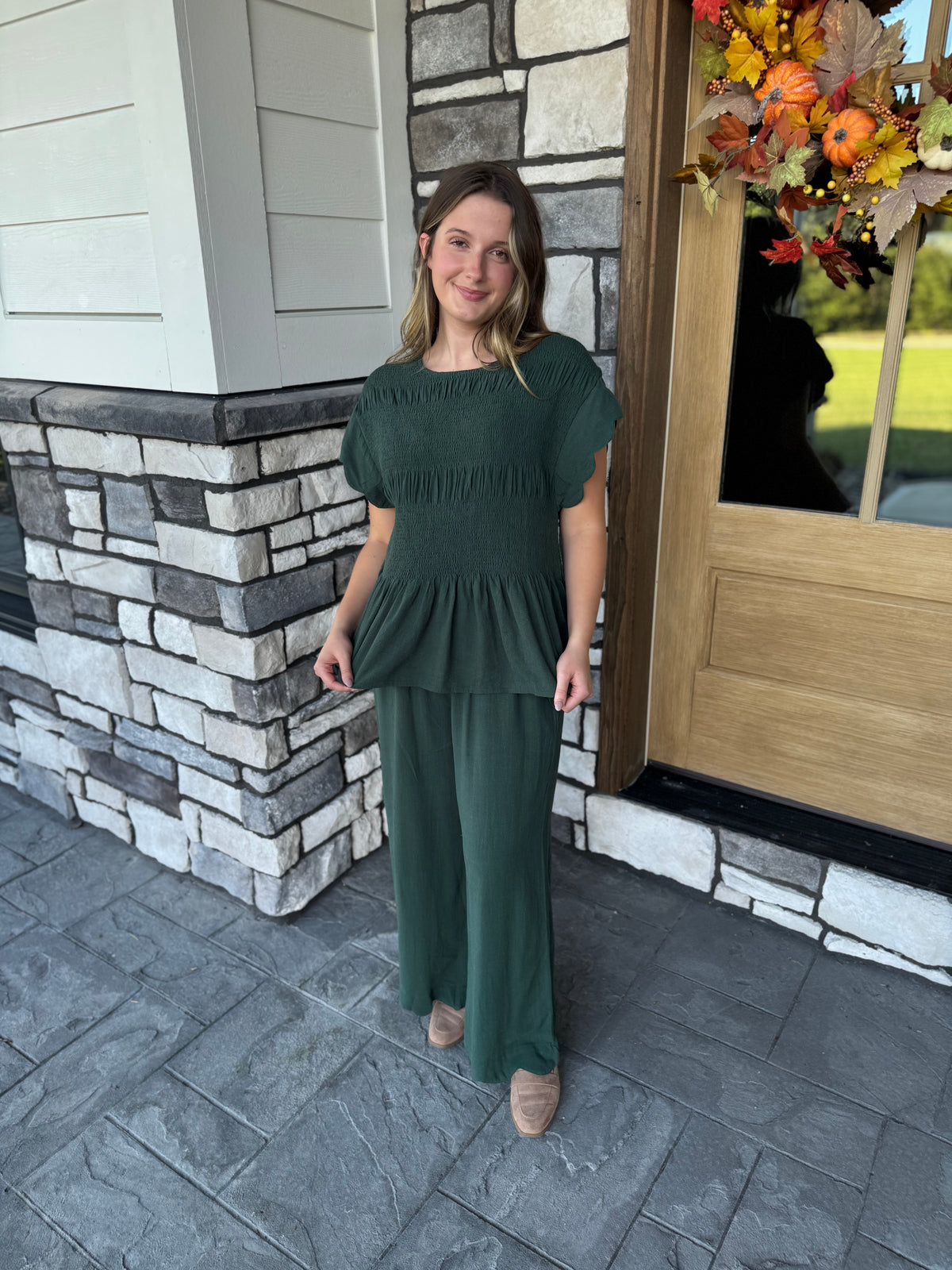 Tania Dark Green Smocked Peplum Top