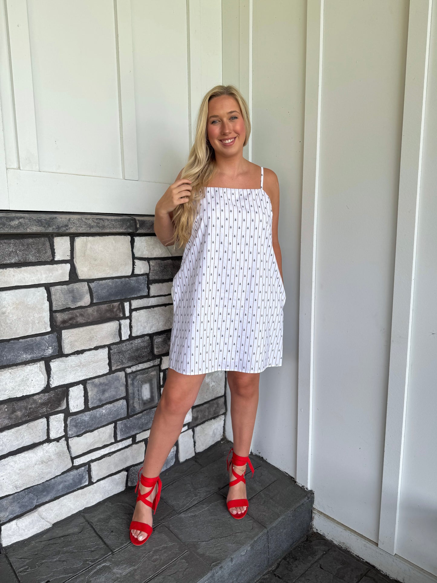 Jessa White & Navy Ditsy Anchor Print Mini Dress