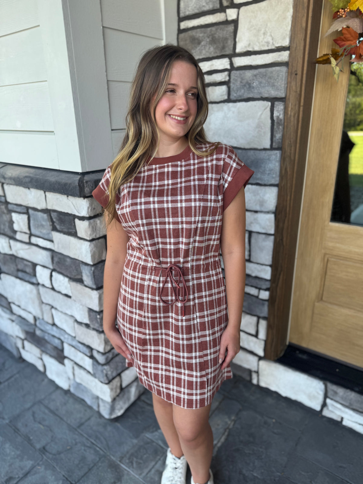 Becca Rust Soft Plaid Cap Sleeve Mini Dress