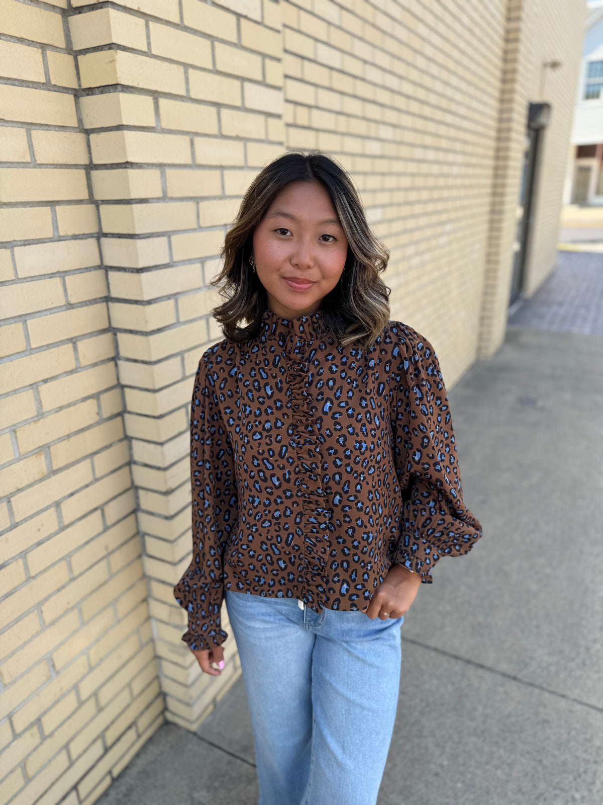 Brielle Brown & Blue Leopard Print Blouse W/ Ruffle Details