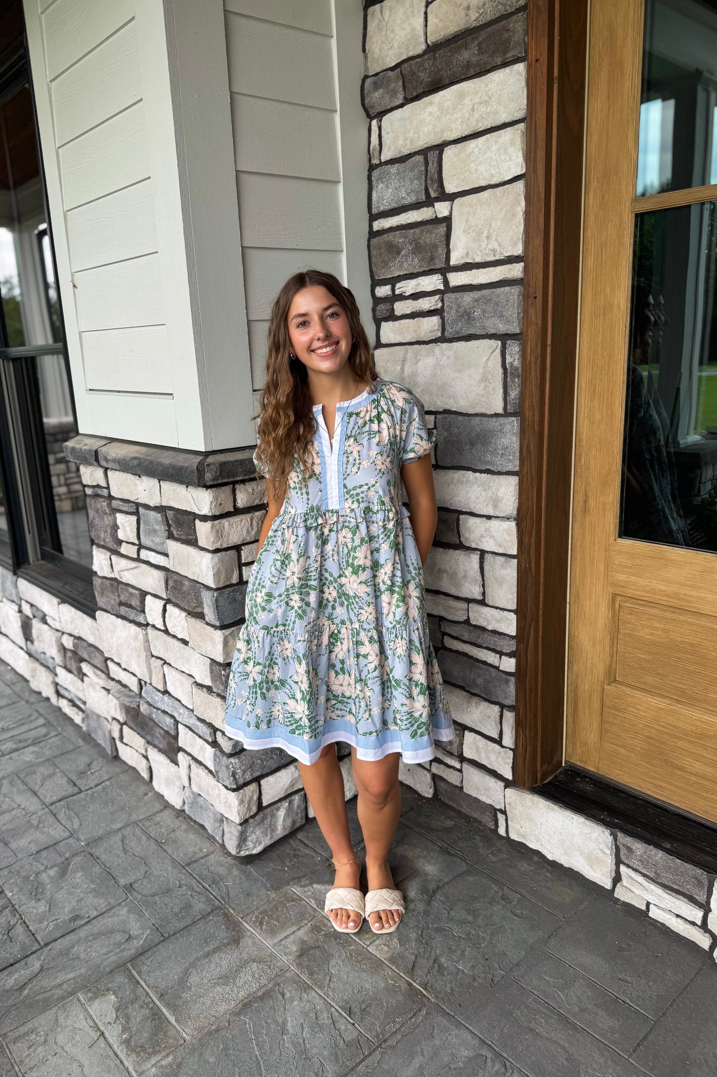 Rachel Blue & Green Floral Contrast Banded Puff Sleeve Mini Dress