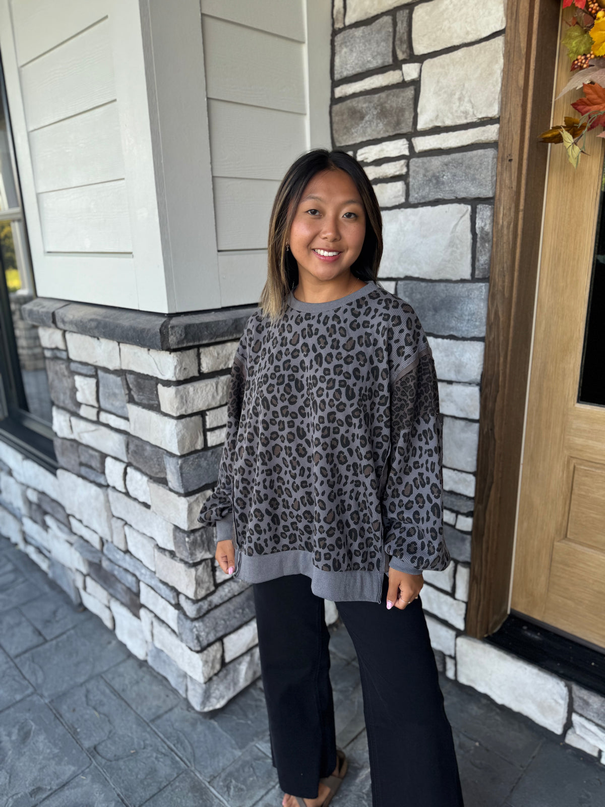 Palmer Charcoal Leopard Print Waffle Knit Pullover