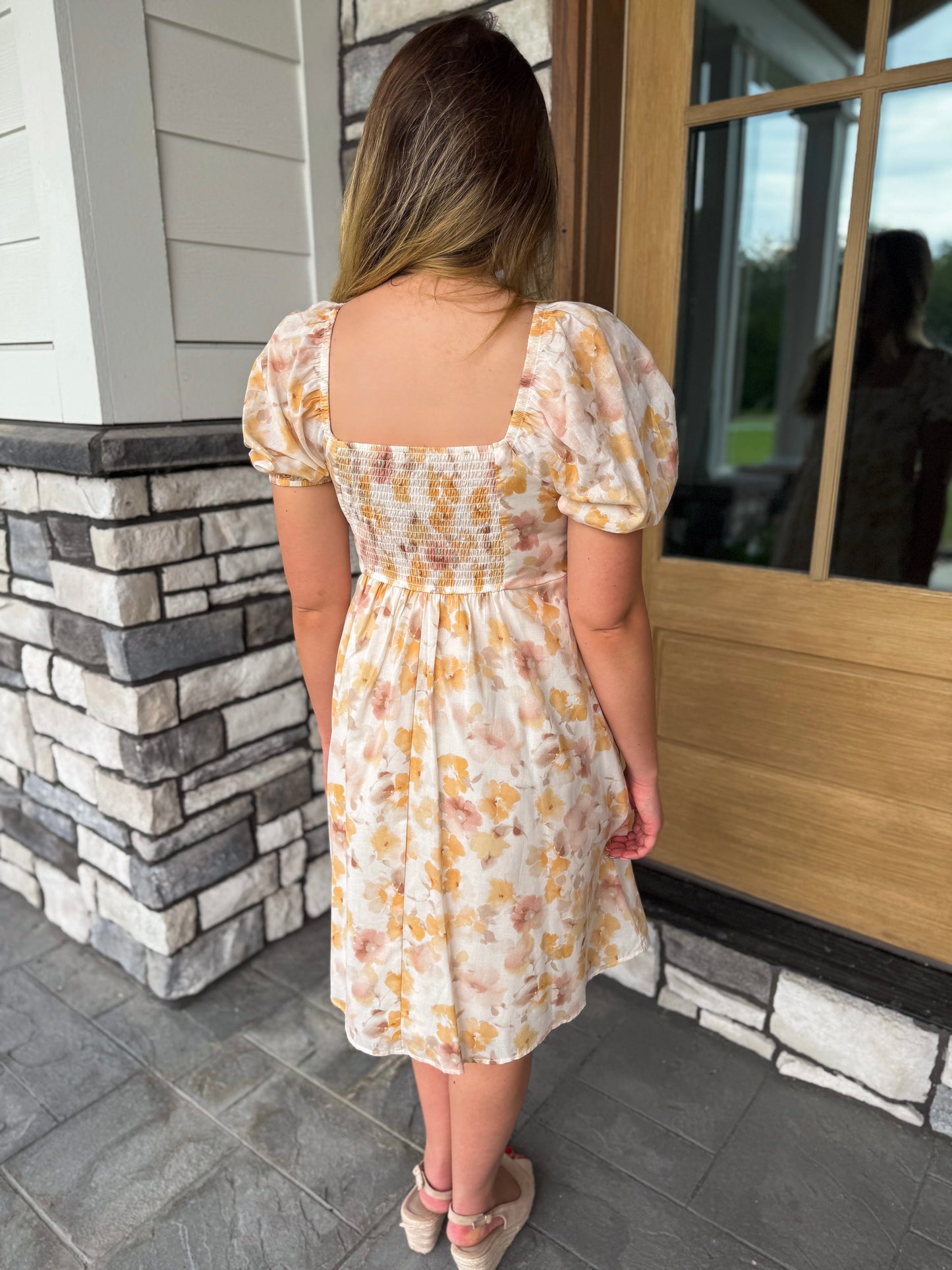 Bailey Mustard Floral Print Puff Sleeve Square Neck Mini Dress