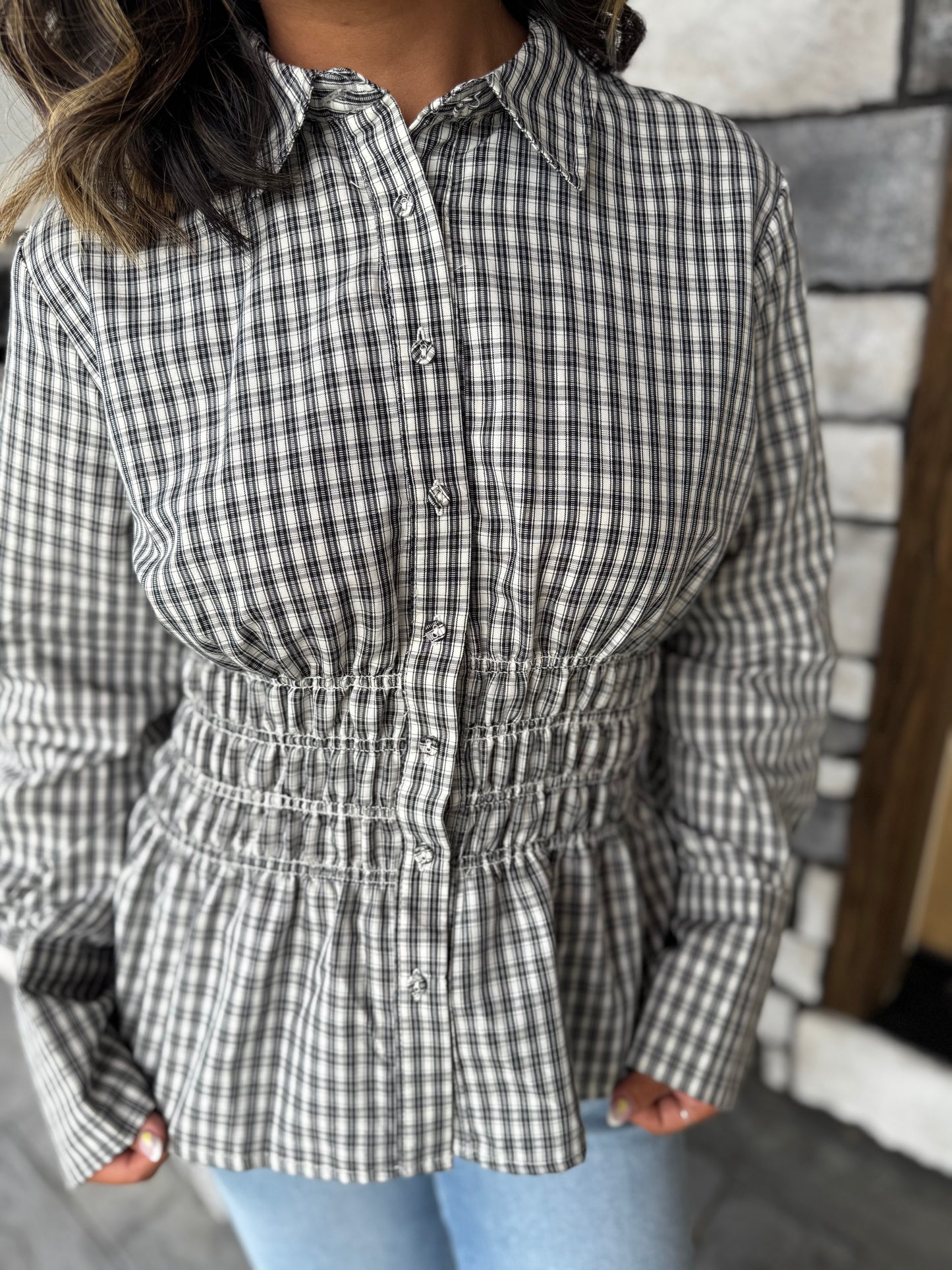 Stacy Black & White Plaid Shirred Waist Blouse