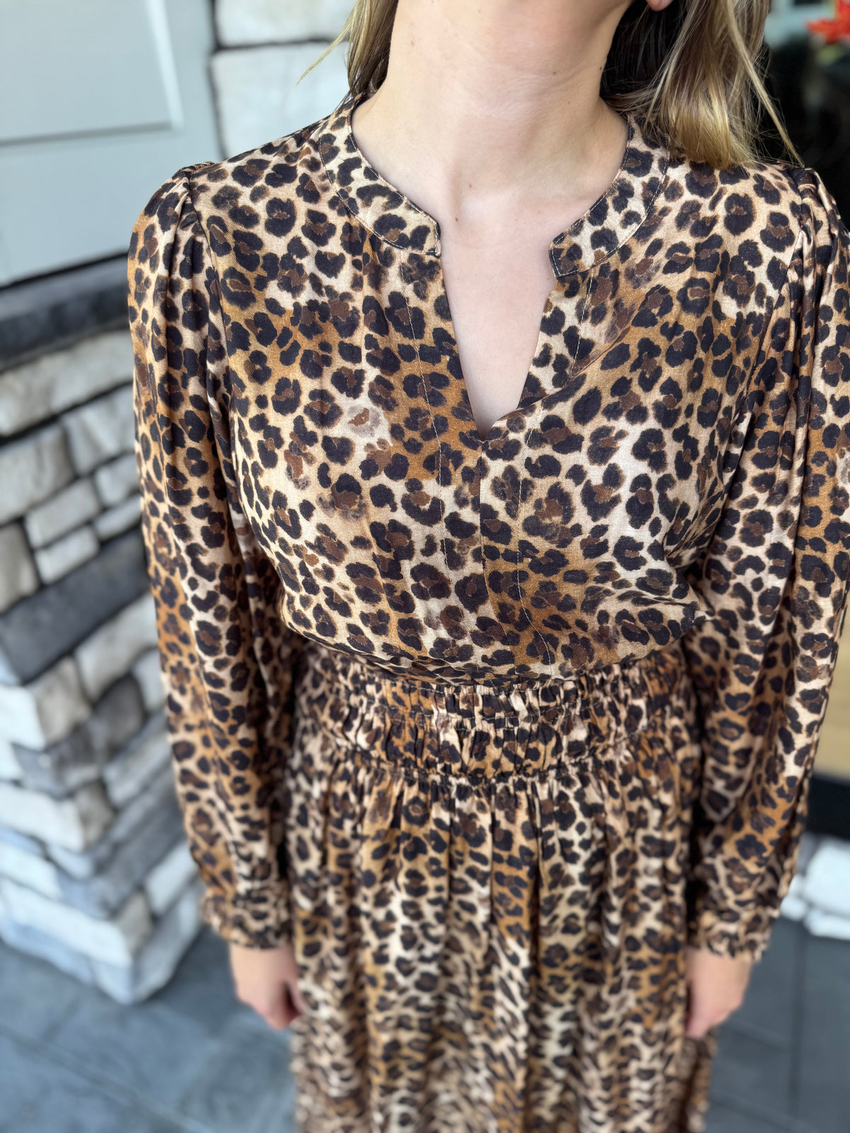 Dana Leopard Print Smocked Waist Tiered Midi Dress