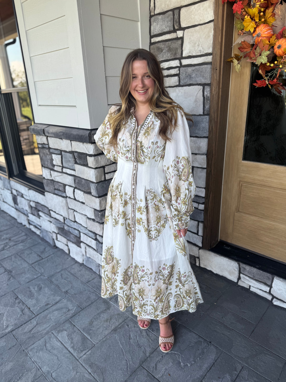 Mabel Olive Paisley Pleated Waist Button Up Midi Dress