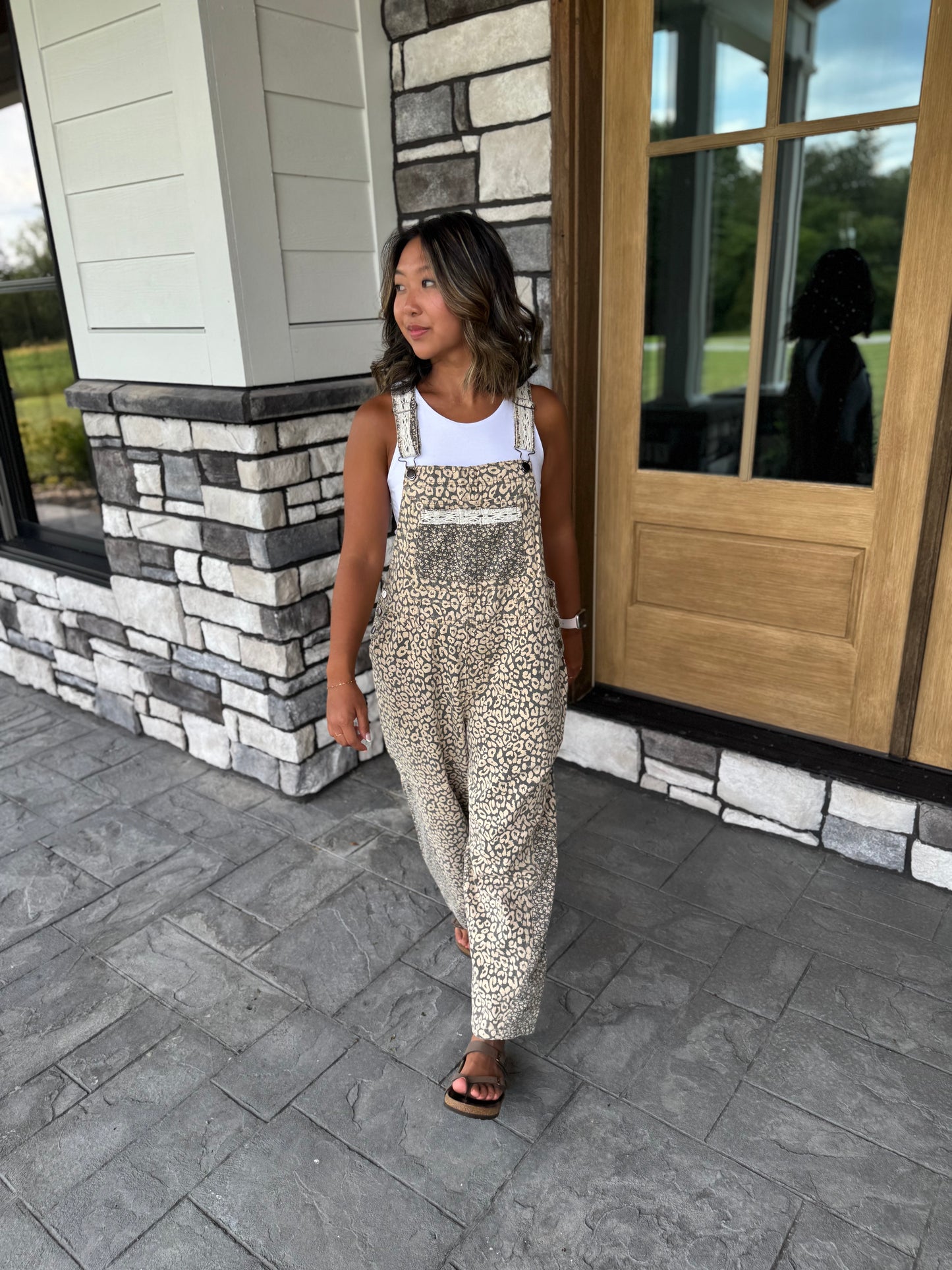 Emery Gray & Cream Leopard Print Washed Twill Overalls