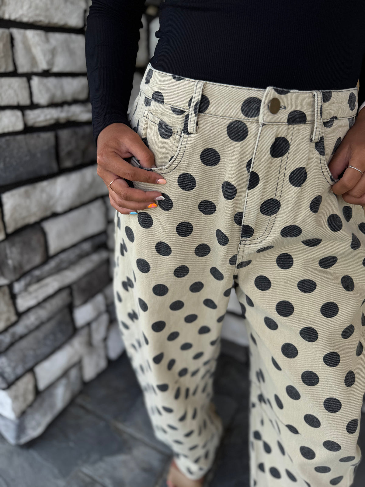 Layla Khaki & Black Polka Dot Washed Twill Barrel Pants