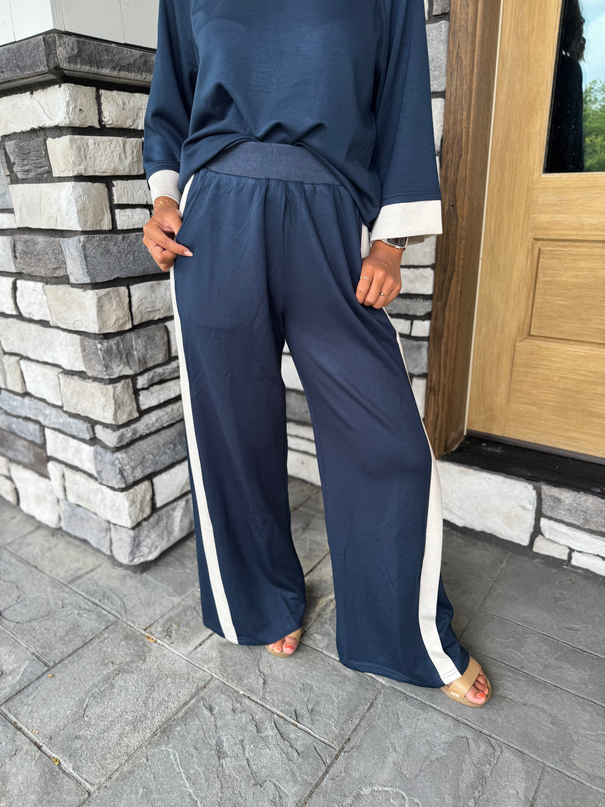 Angela Navy & Ecru Luxe Knit Matching Set W/ Stripe Details