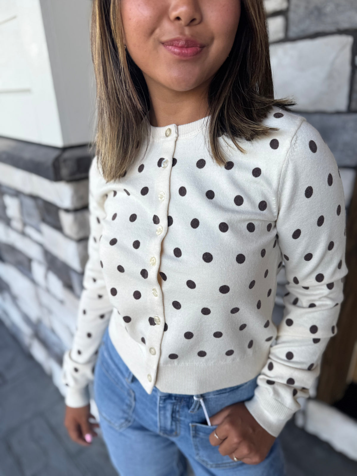 Natalie Cream Cardigan W/ Brown Polka Dots