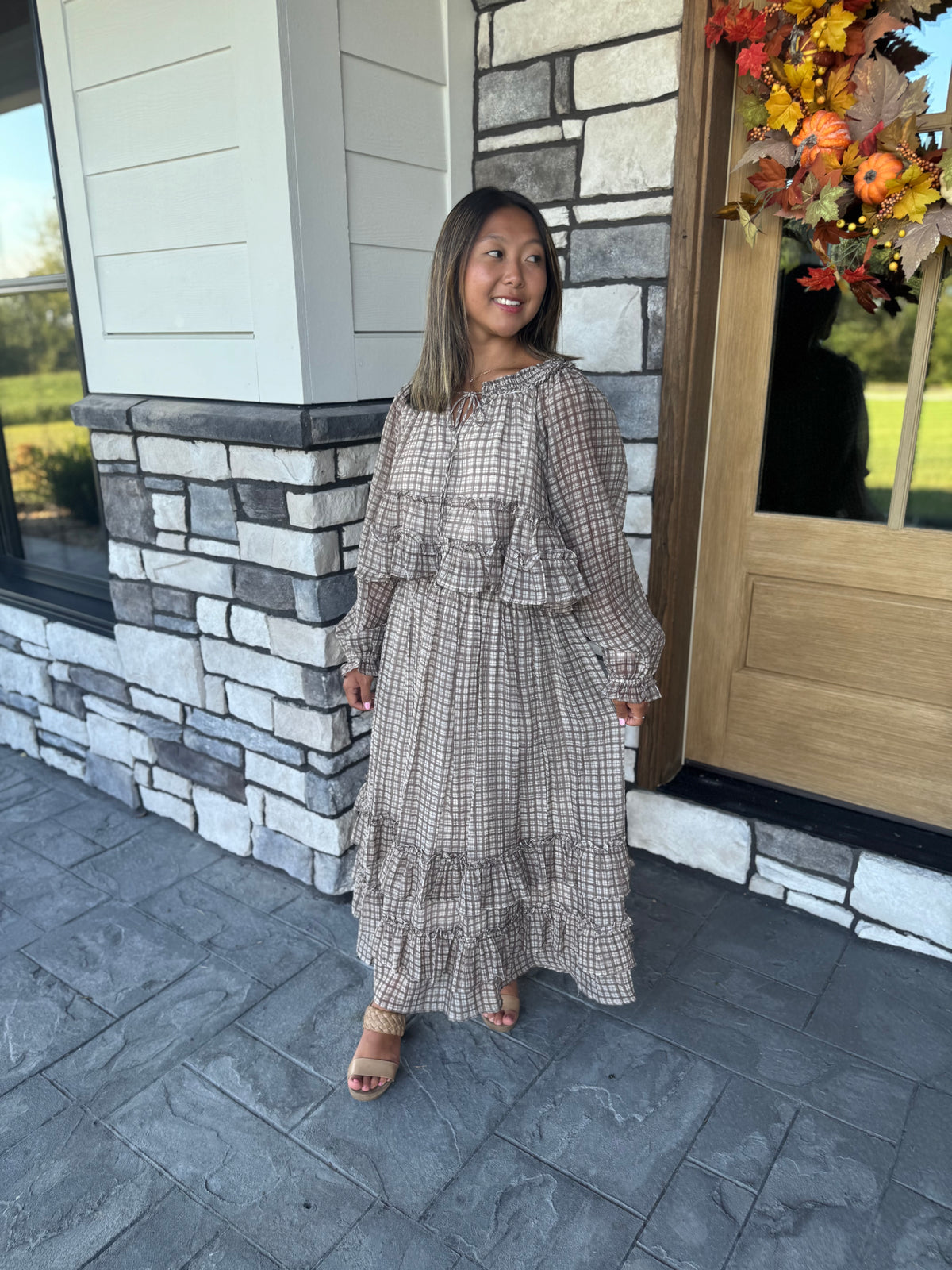 Lana Brown Plaid Ruffled Hem Midi Skirt