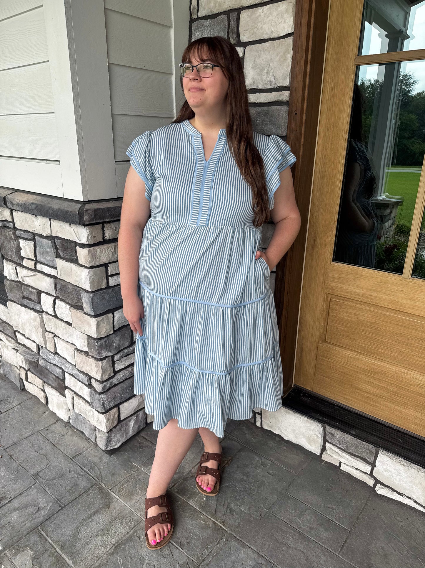 Tammy  Plus Size Baby Blue & White Pinstripe Double Ruffle Sleeveless Dress