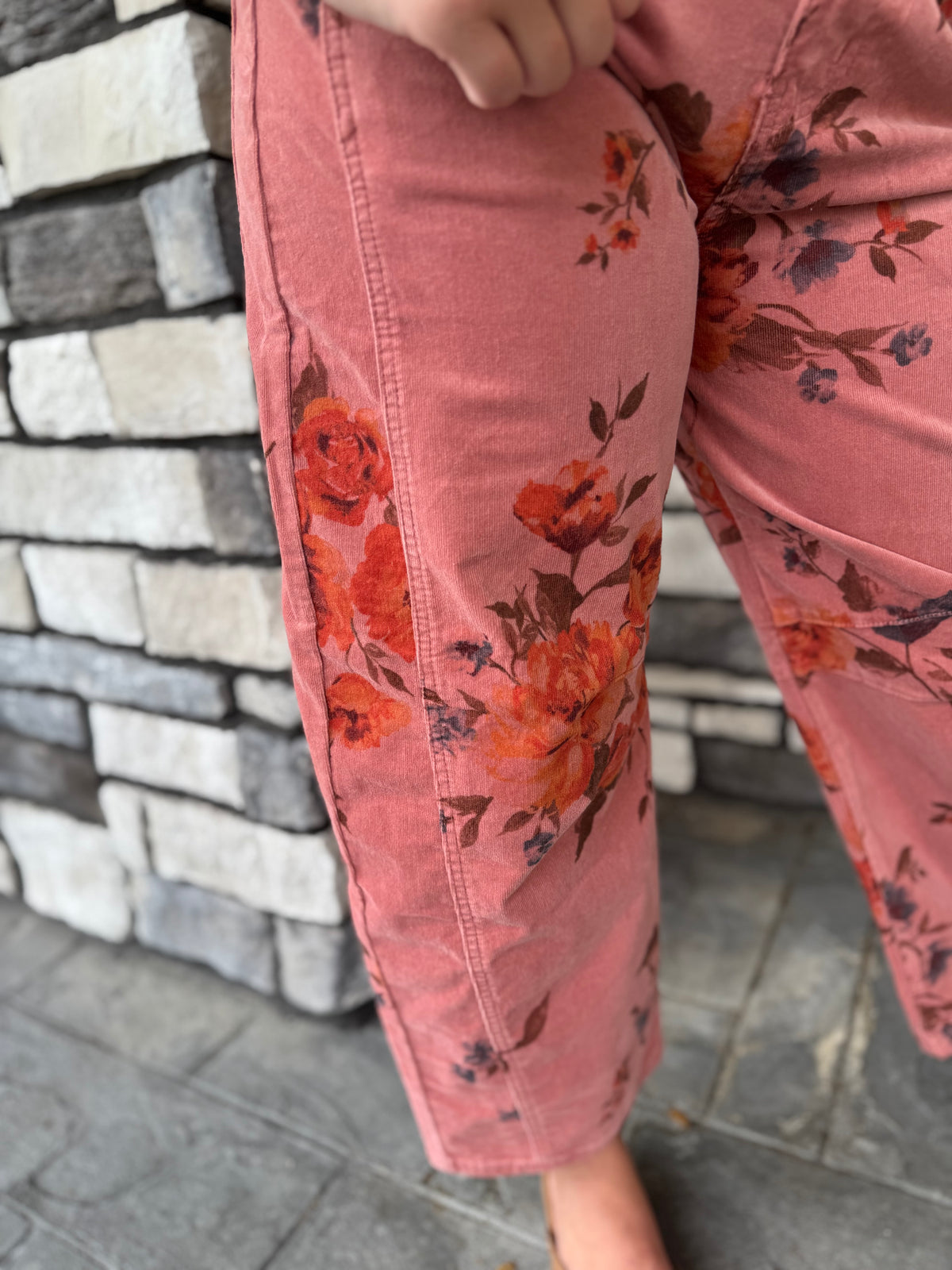 Courtney Dark Pink Floral Washed Corduroy Barrel Pants