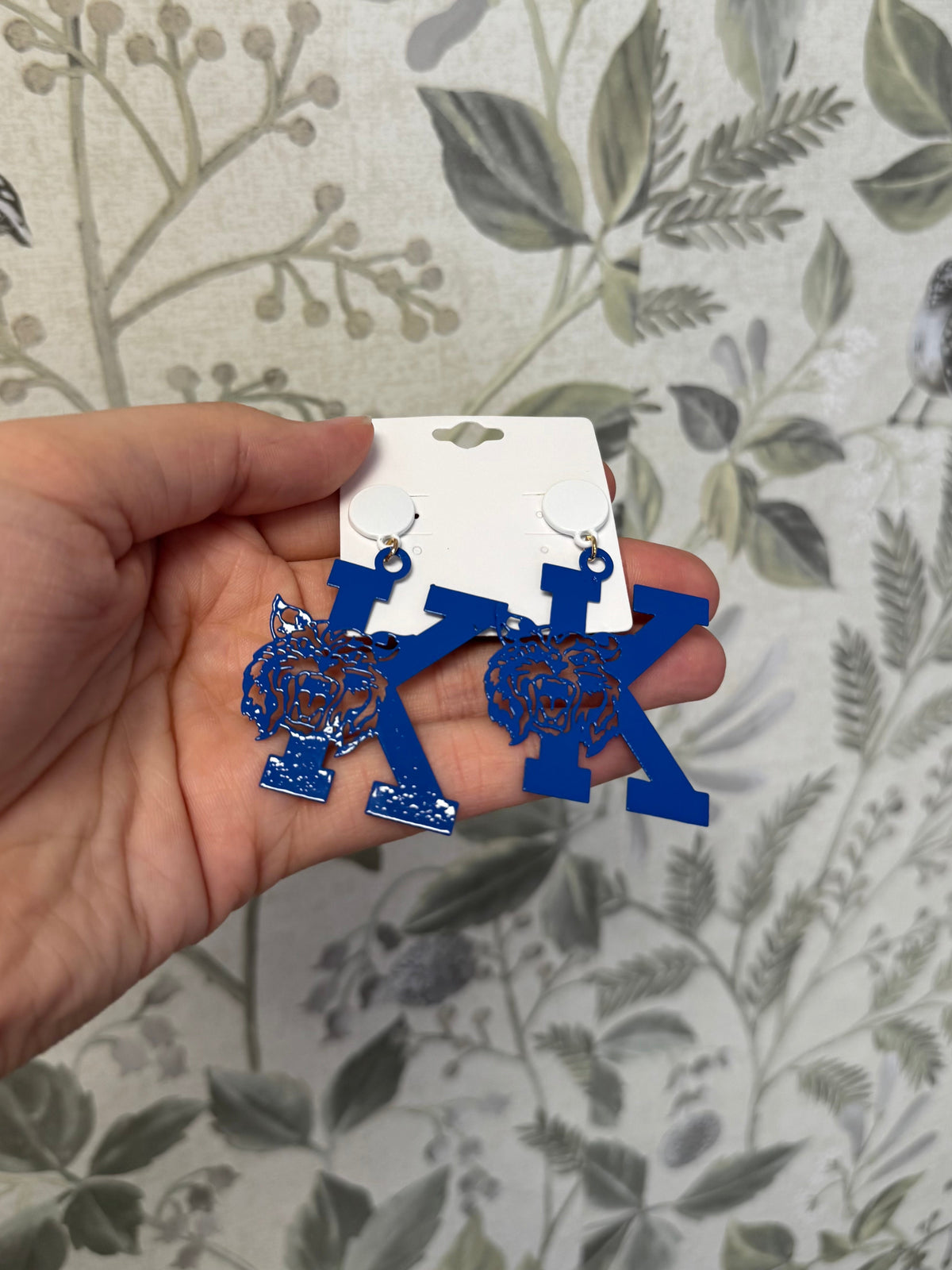 Blue & White "K" Wildcat Dangle Earrings