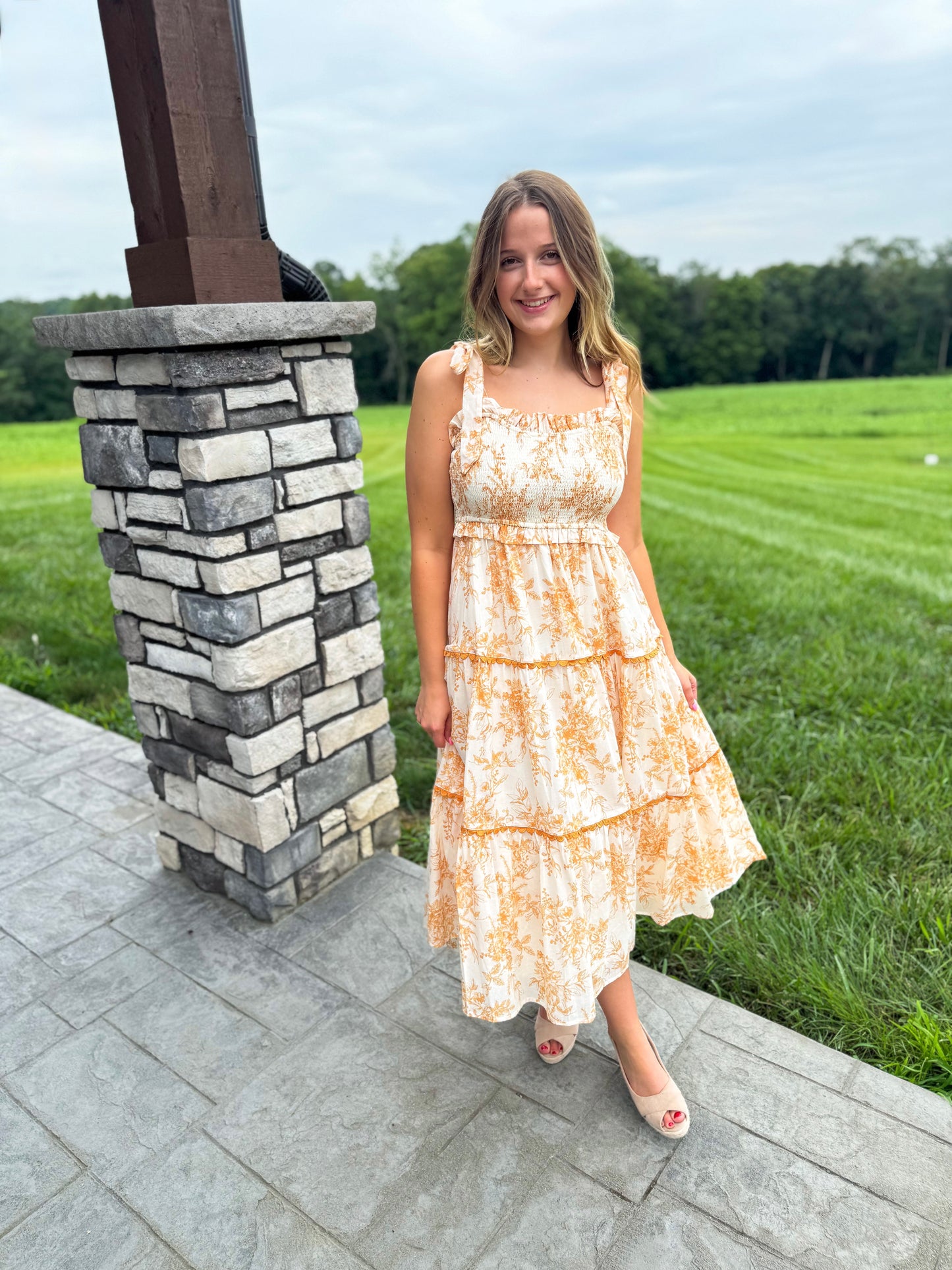 Charlotte Off White & Dark Amber Tiered Lace Trim Floral Midi Dress