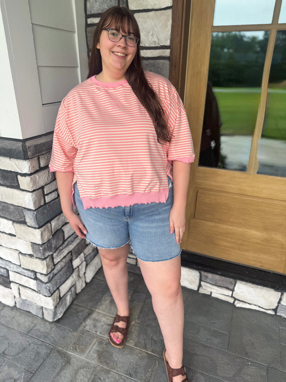 Debby Pink & Cream Candy Stripe Lettuce Edge Short Sleeve Sweatshirt