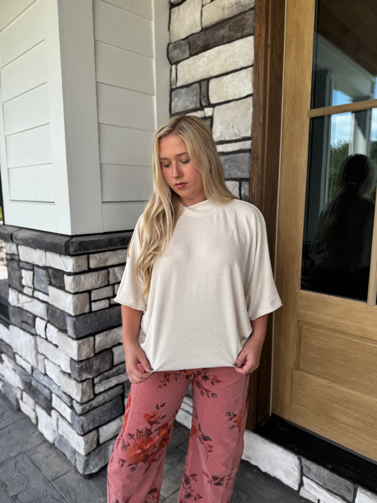 Meredith Ecru Knit Flowy Mock Neck Top W/ Batwing Sleeves