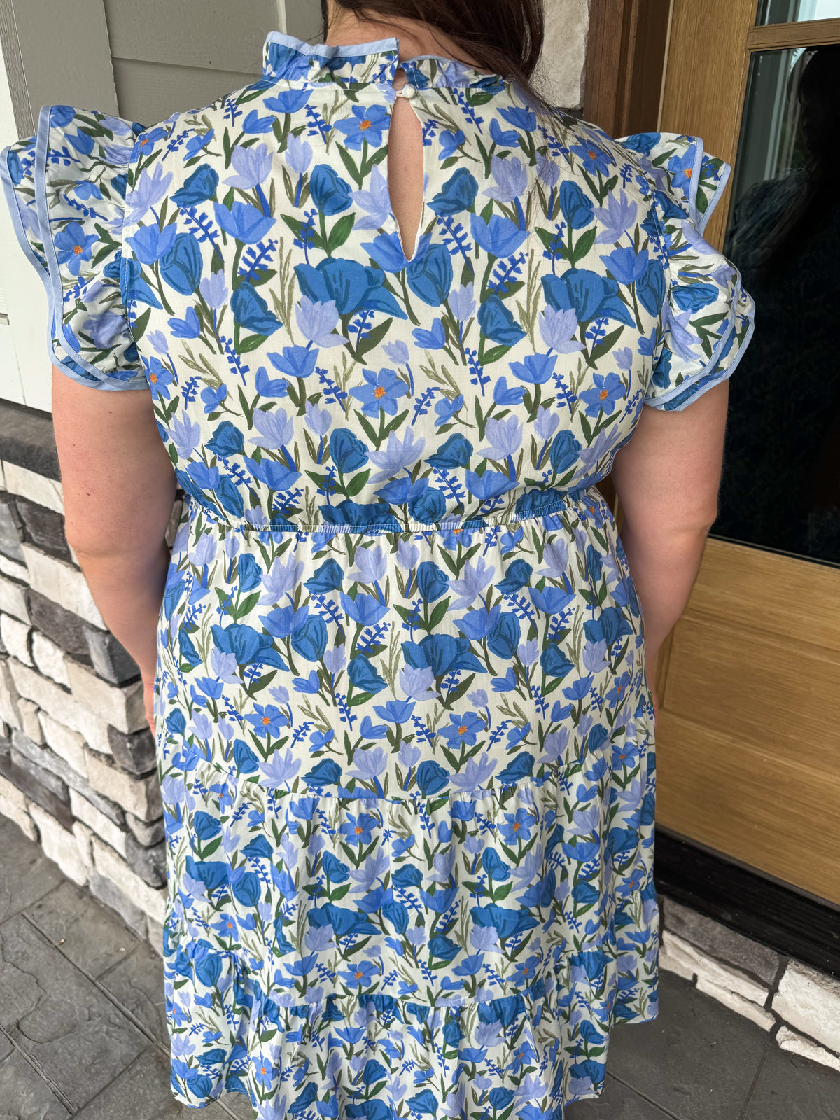 Ann Blue Contrast Piped Ruffle Neck Floral Tank