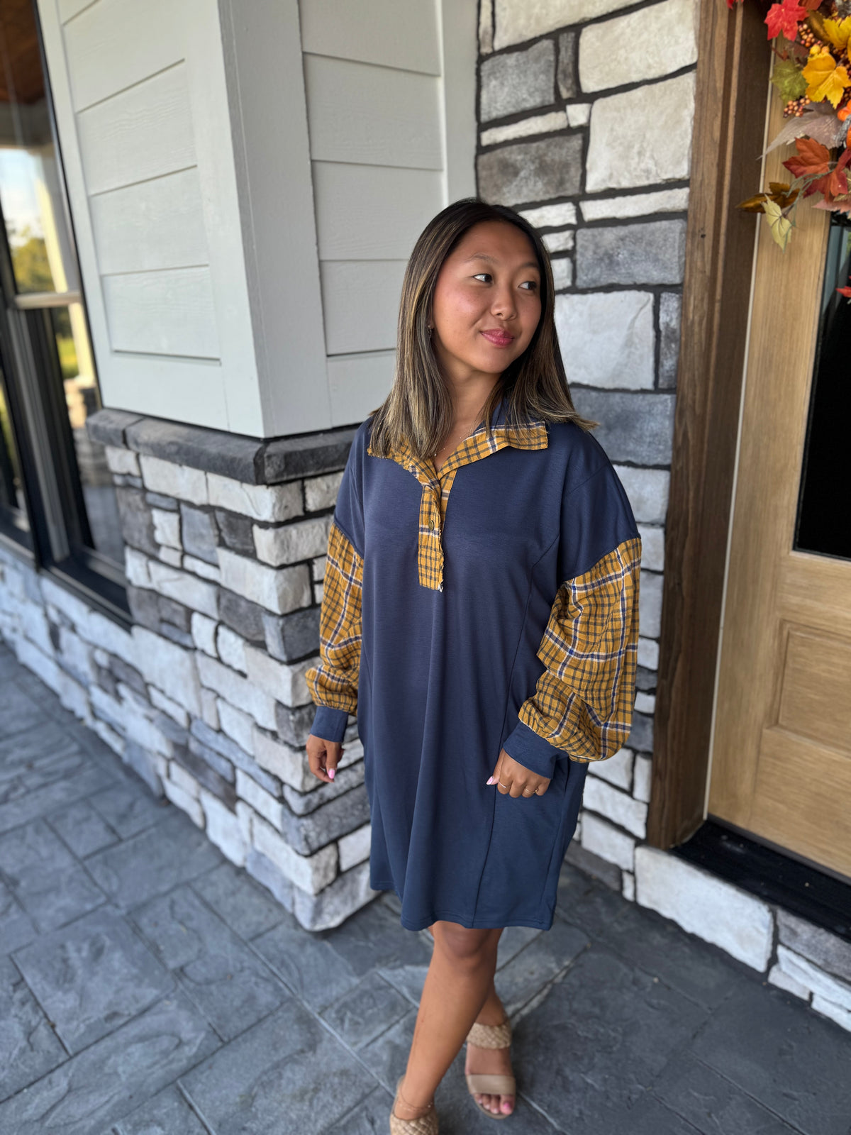 Martha Navy Luxe Knit Plaid Sleeve Mini Dress