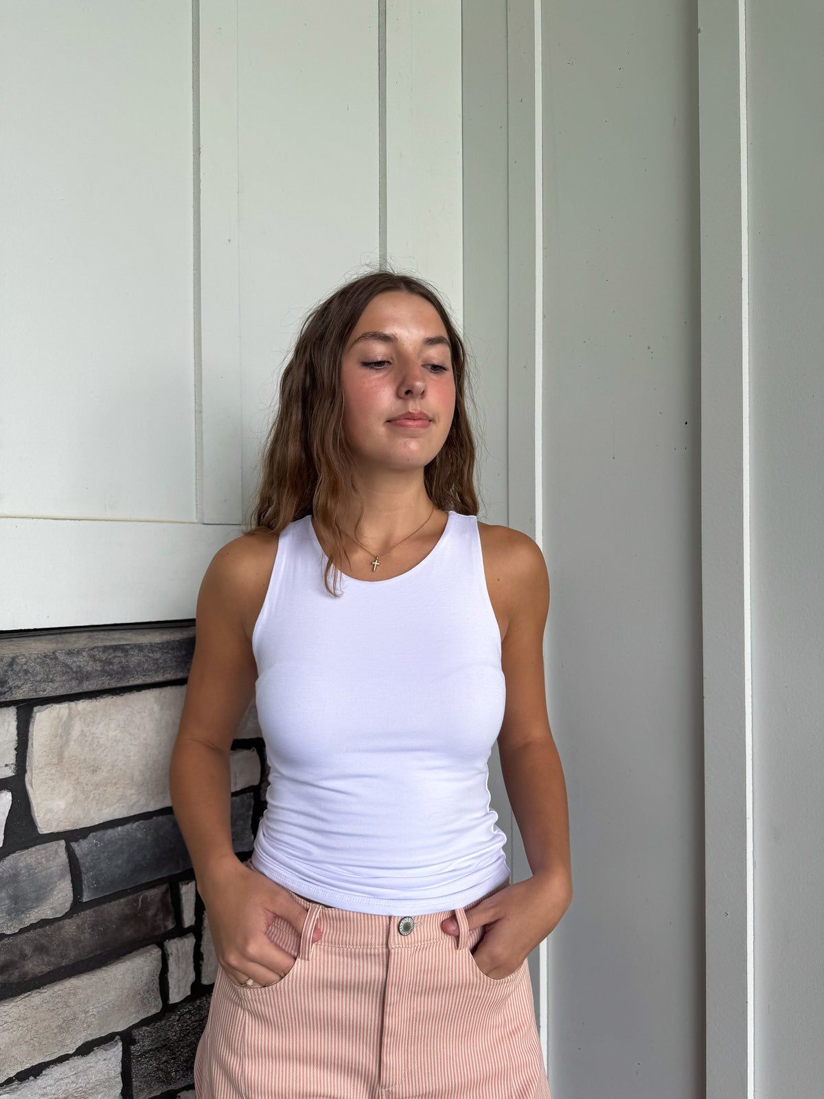 Haley Off White Basic Round Neck Tank Top