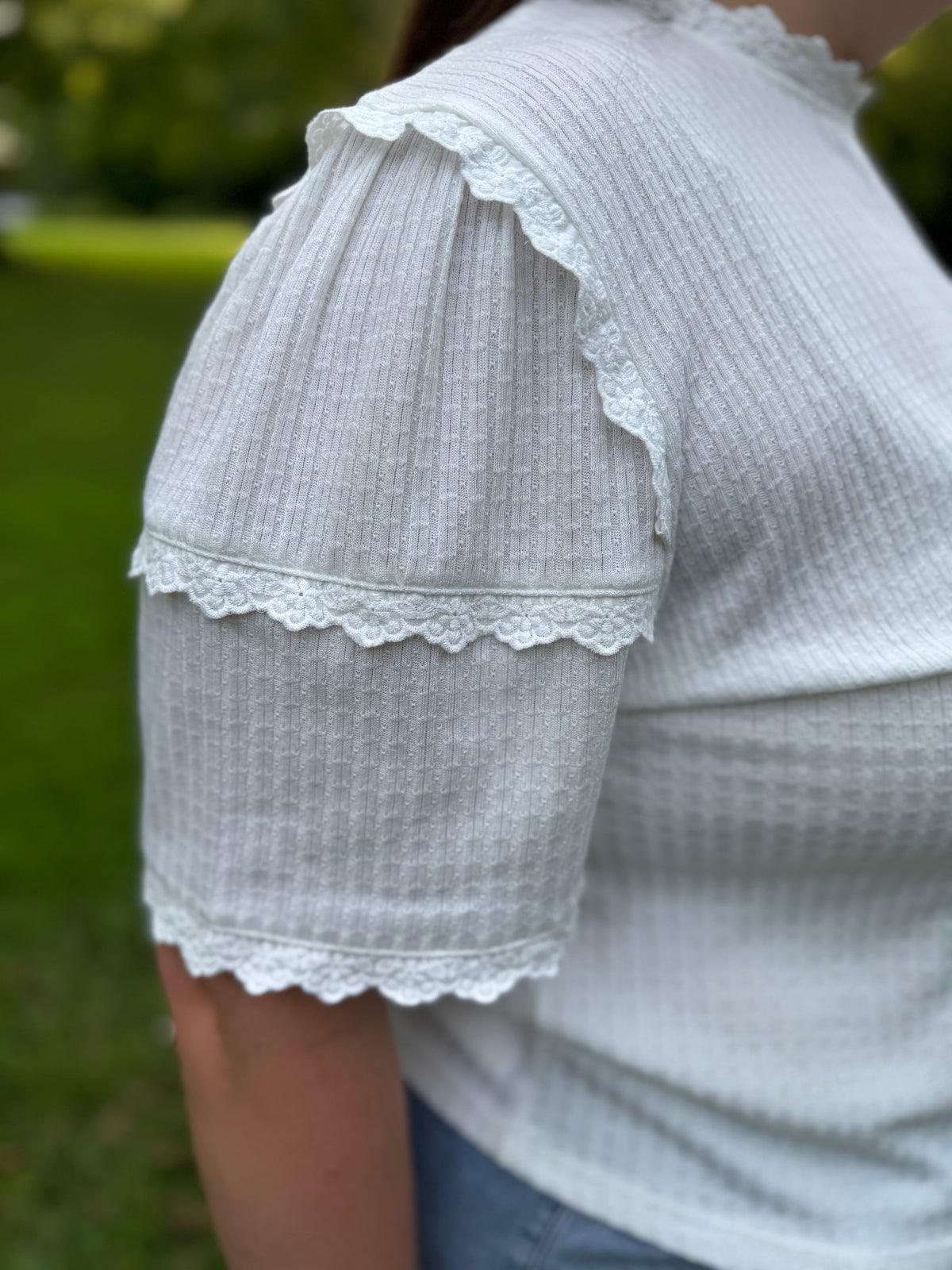 Julie Plus Size White Waffle Knit Top W/ Lace Details