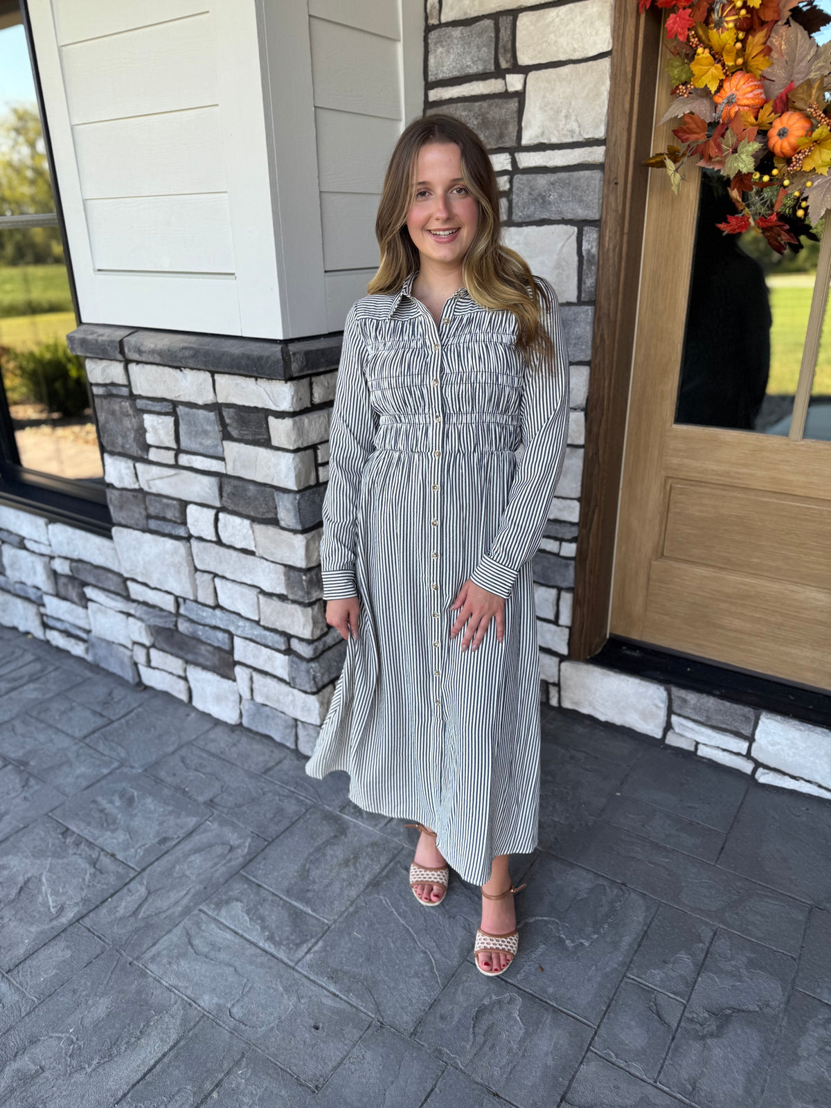 Mindy Navy Striped Button Up Midi Dress