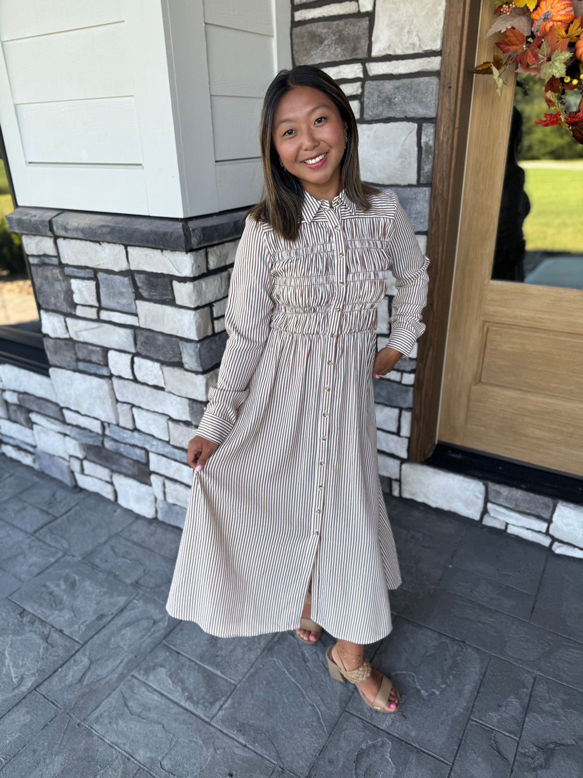 Mindy Brown Striped Button Up Midi Dress