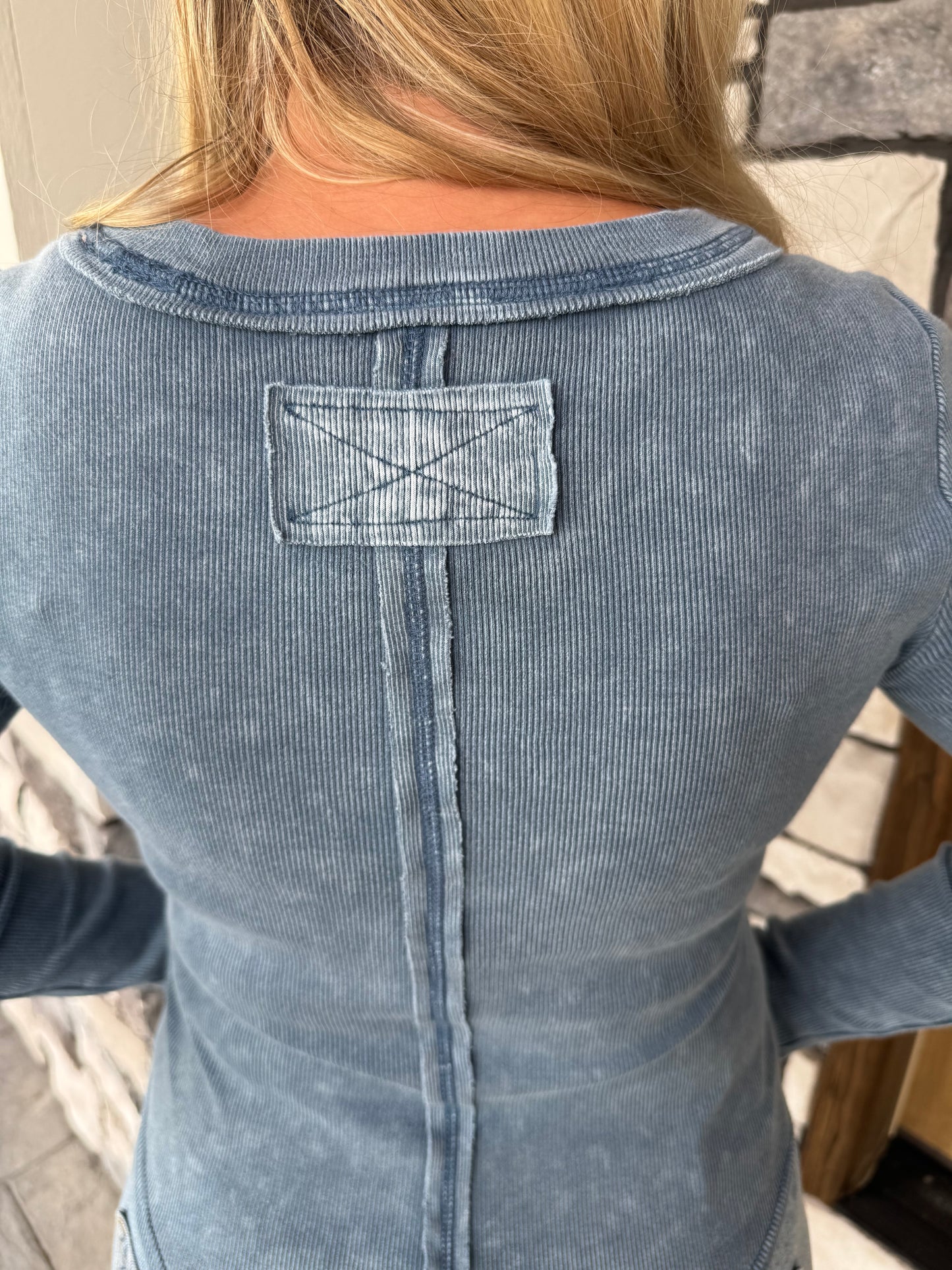 Danielle Washed Blue Long Sleeve Ribbed Henley Top