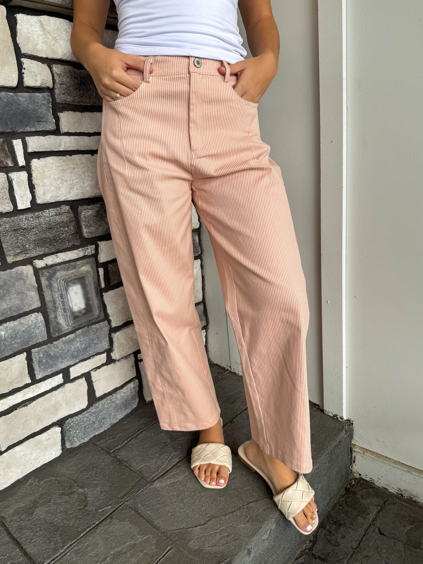 Nikki Pink & Taupe Striped Cotton Barrel Pants