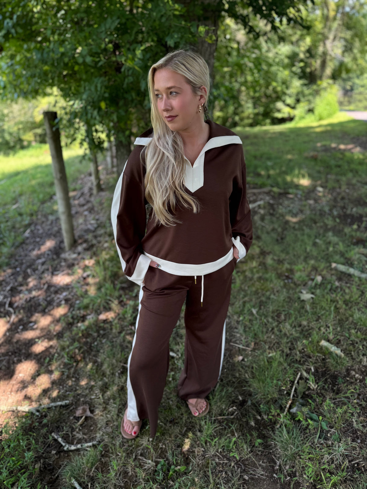 Leona Brown & Ivory Luxe Knit Matching Set W/ Color Block Details
