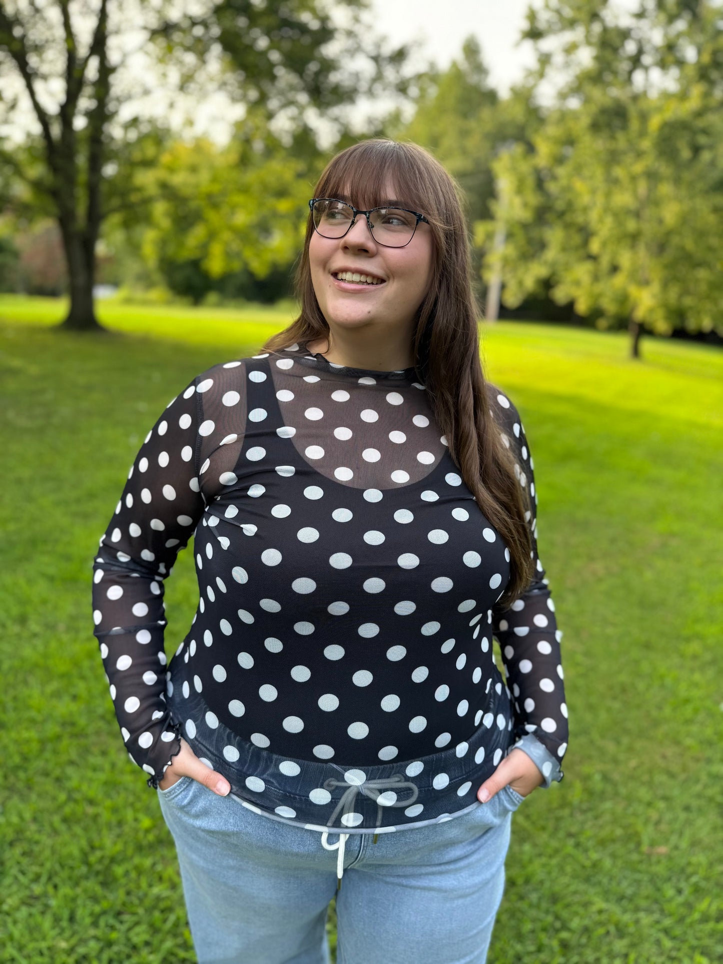 Harper Black & White Polka Dot Long Sleeve Mesh Top