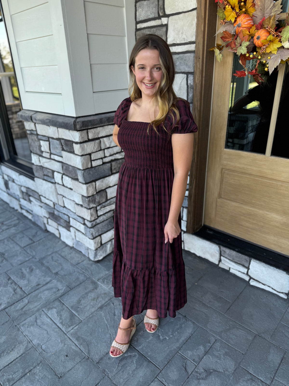 Noelle Burgundy Plaid Smocked Midi Dress