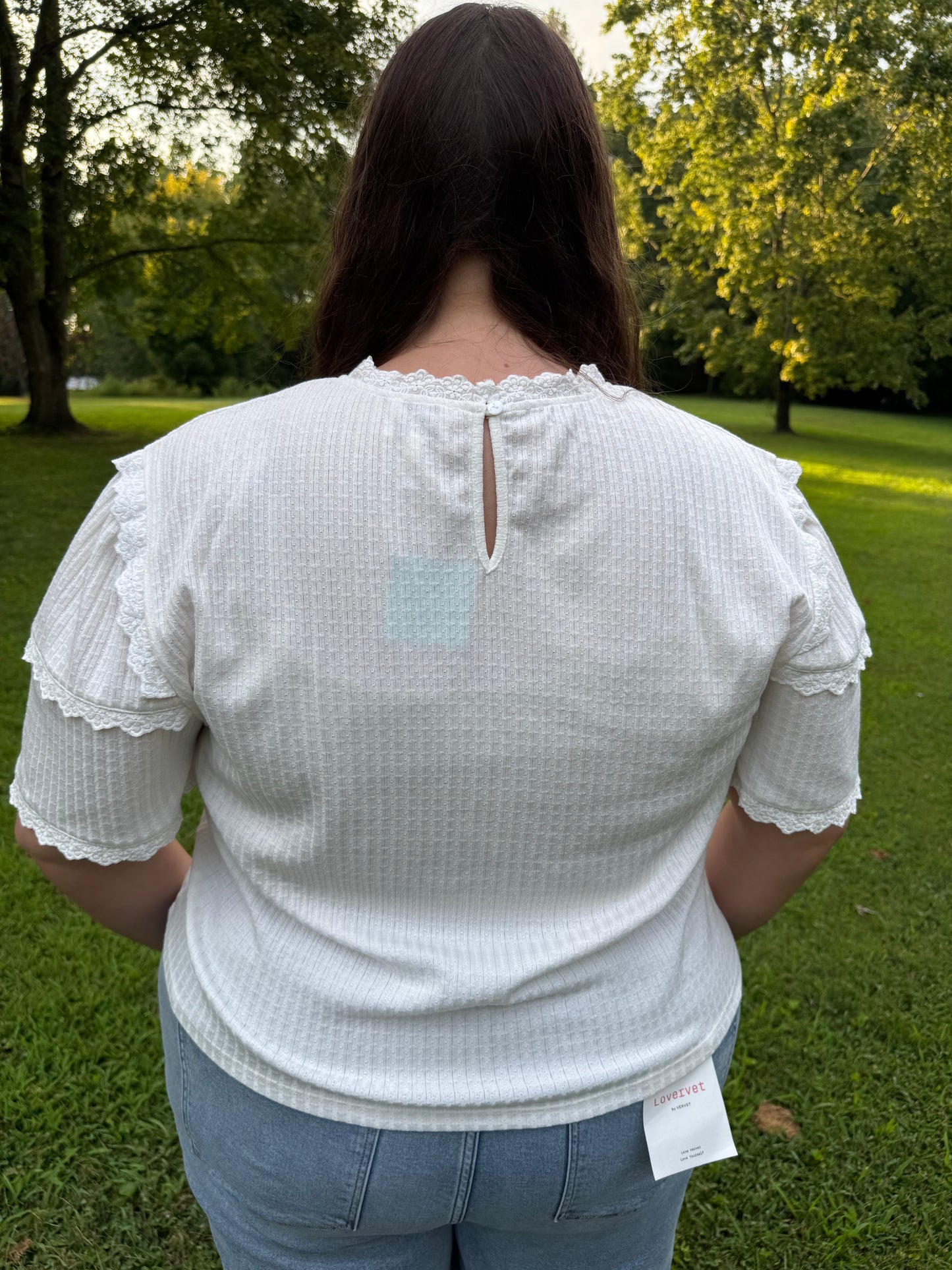 Julie Plus Size White Waffle Knit Top W/ Lace Details