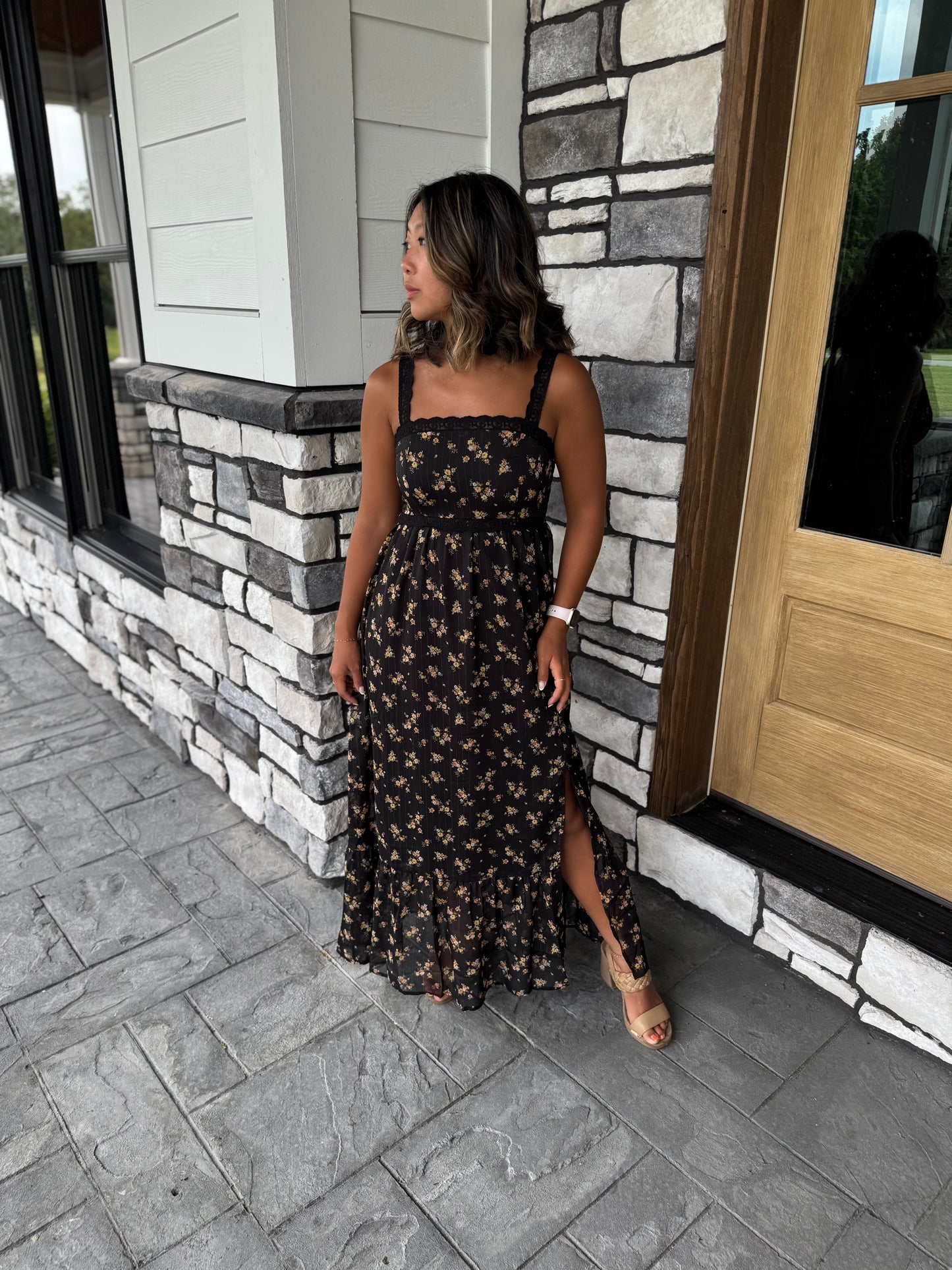 Everly Black Floral Glitter Midi Dress