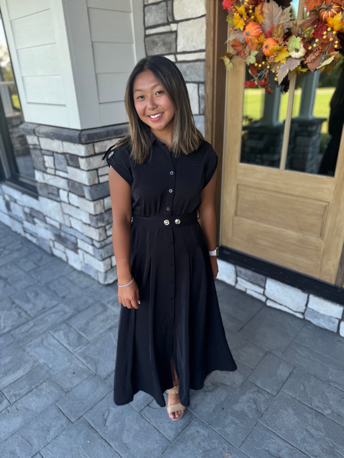 Amber Black Tab Shoulder Detail Belted Midi Dress