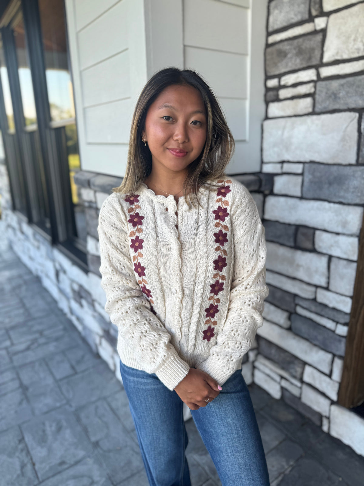 Claire Floral Embroidery Crochet Knit Detail Cardigan