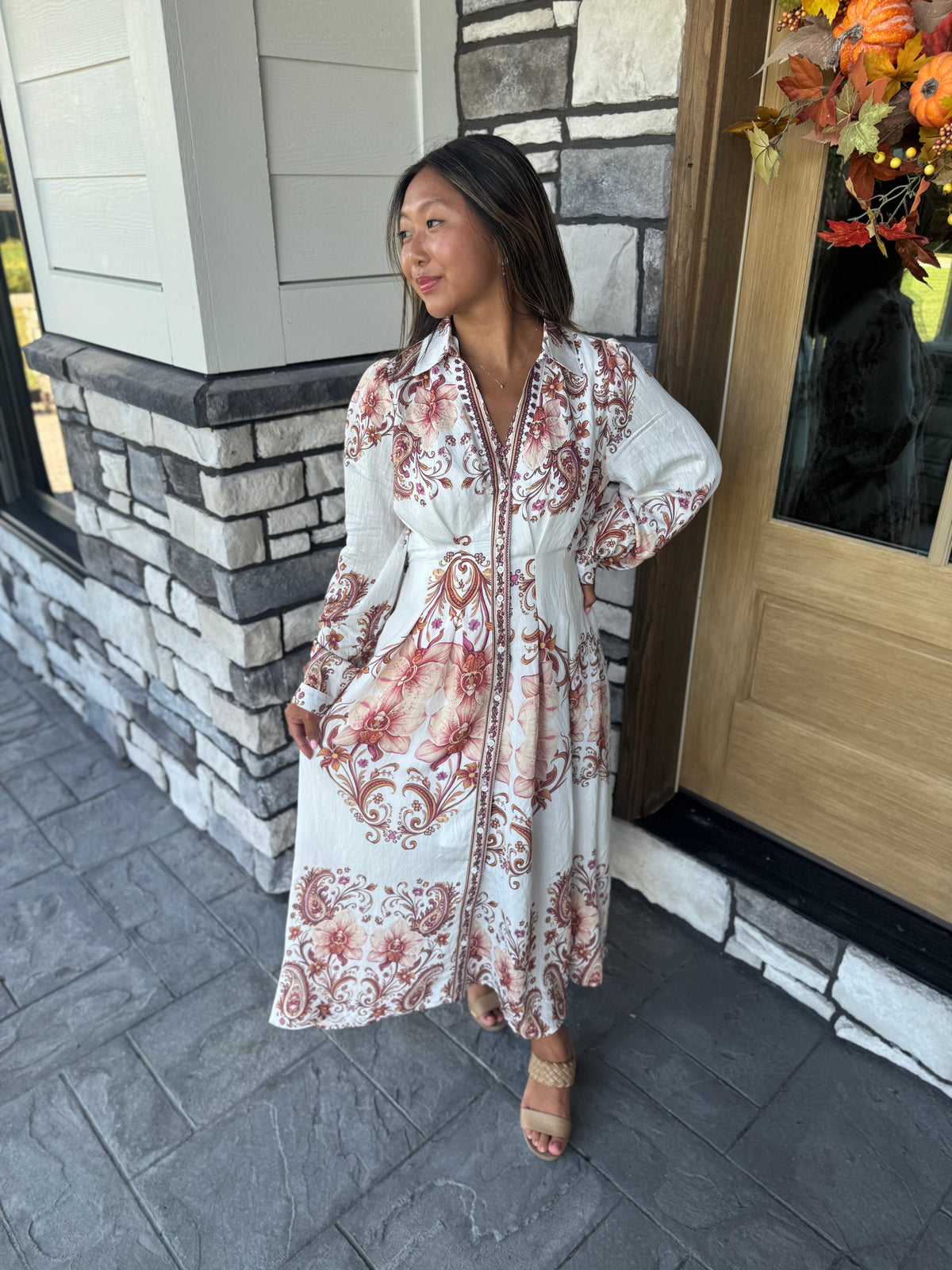 Mabel Amber Paisley Pleated Waist Button Up Midi Dress