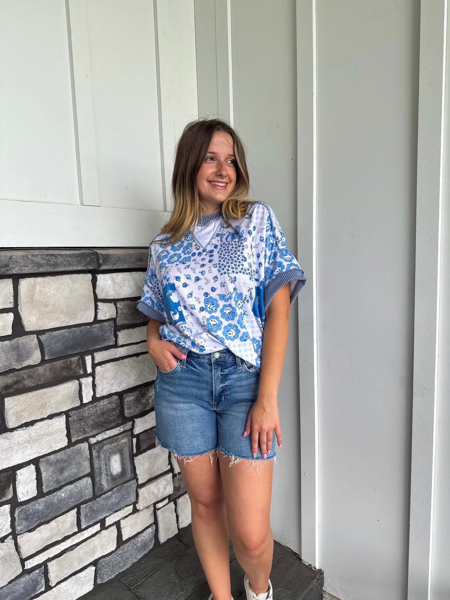 Krista Blue Floral Patchwork Print Top
