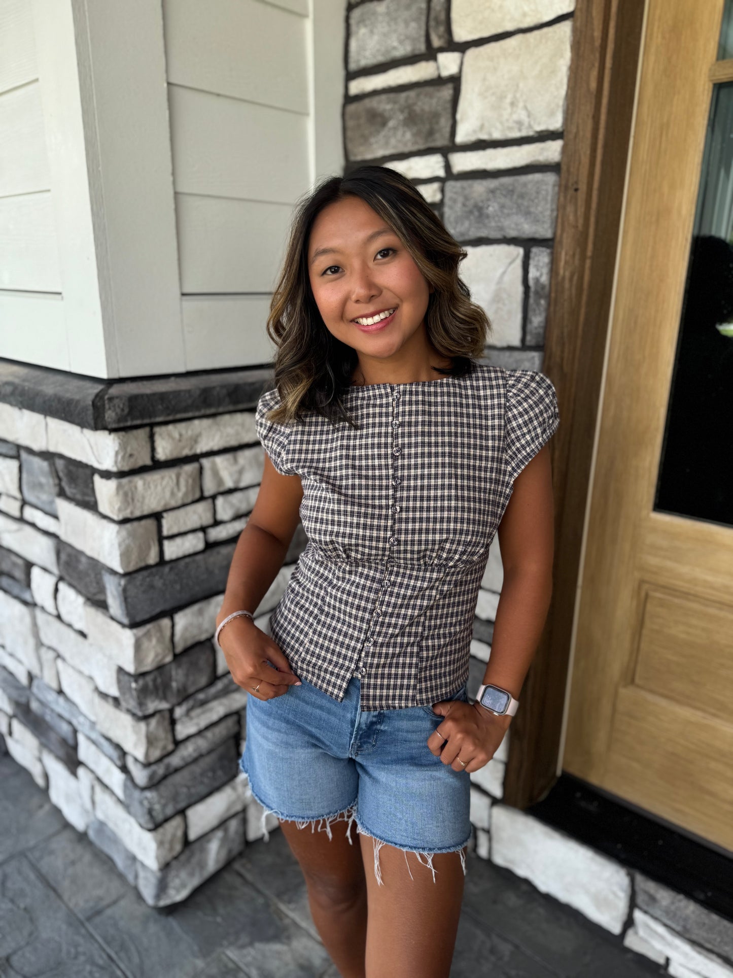 Chloe Navy Plaid Button Up Puff Sleeve Top