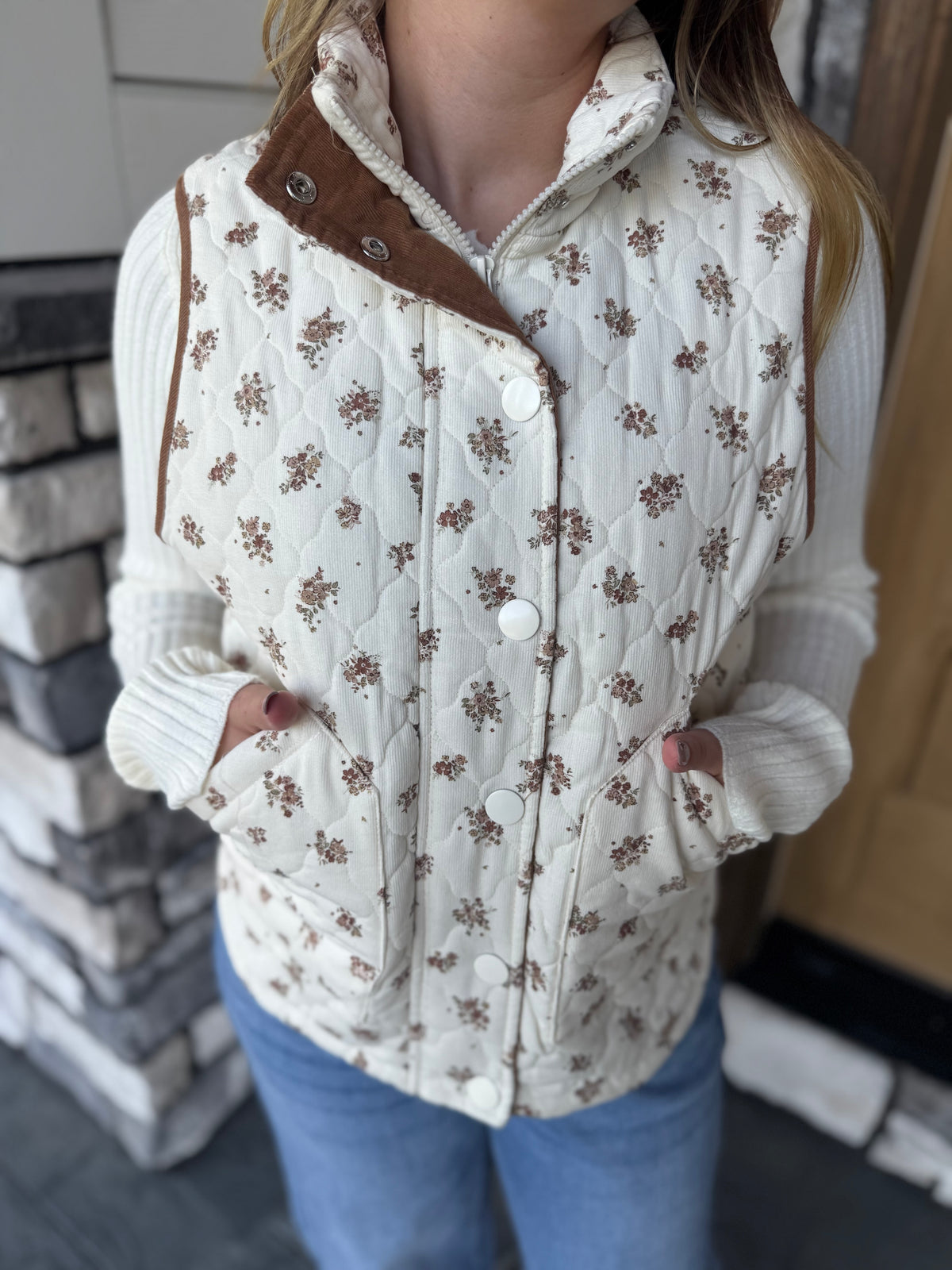 Heather Floral Quilted Mock Neck Vest