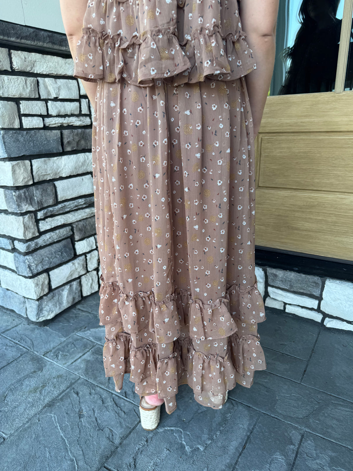 Evelyn Brown Floral Ruffled Hem Midi Skirt