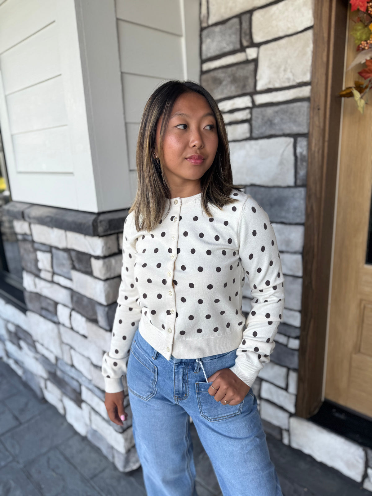 Natalie Cream Cardigan W/ Brown Polka Dots