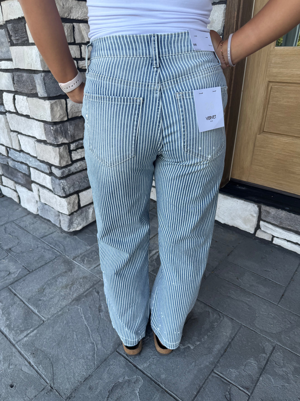 High Rise Pinstriped Barrel Jeans W/ Paint Splatter Details