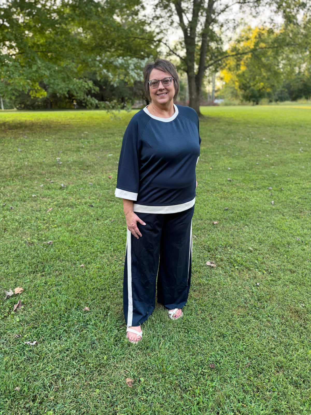 Angela Navy & Ecru Luxe Knit Matching Set W/ Stripe Details