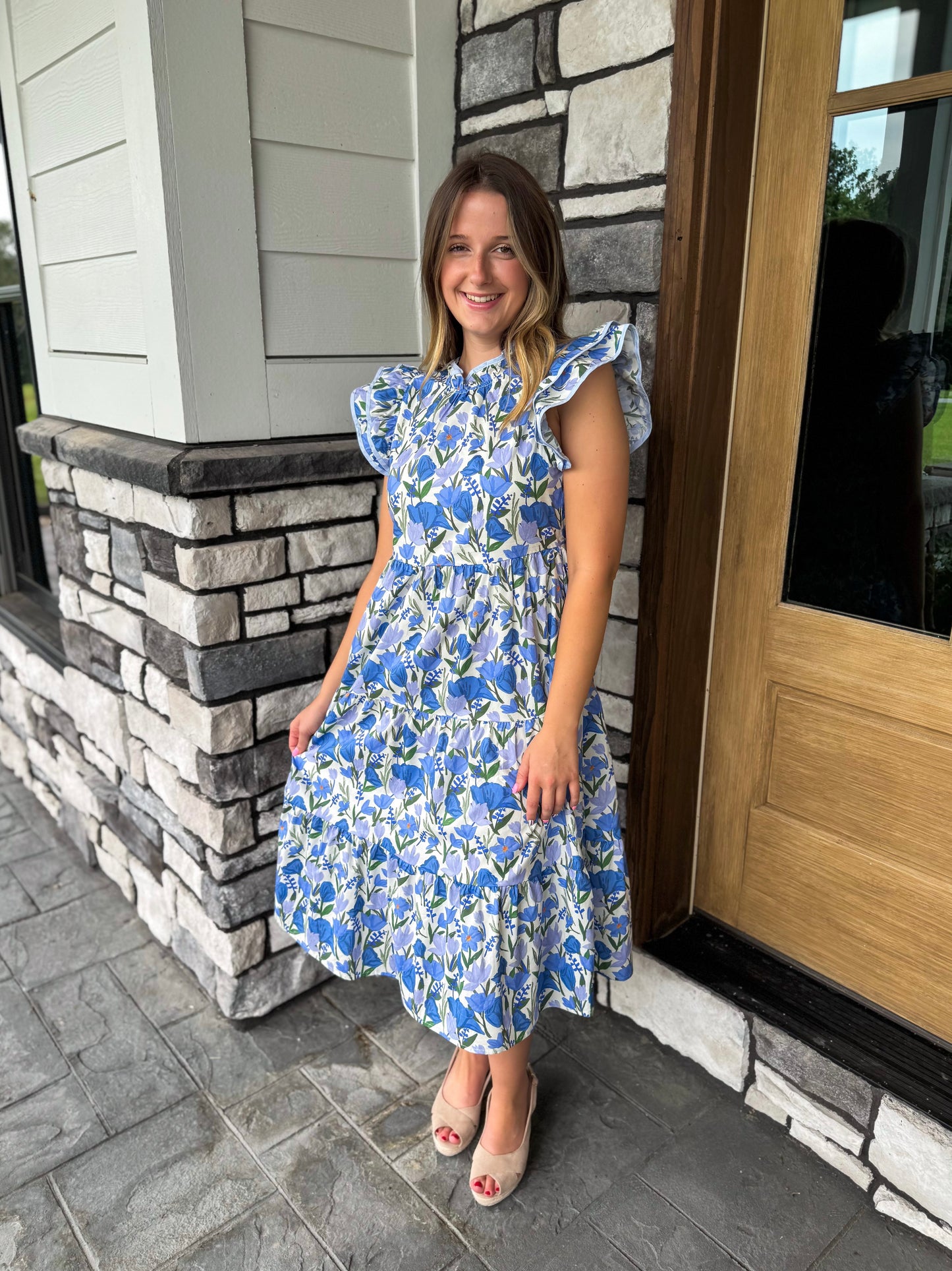 Ann Blue Contrast Piped Ruffle Neck Floral Tank